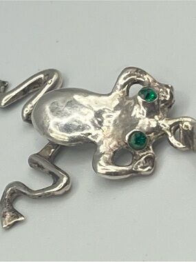 Taxco Silver Frog Pendant with Green Eye Accents